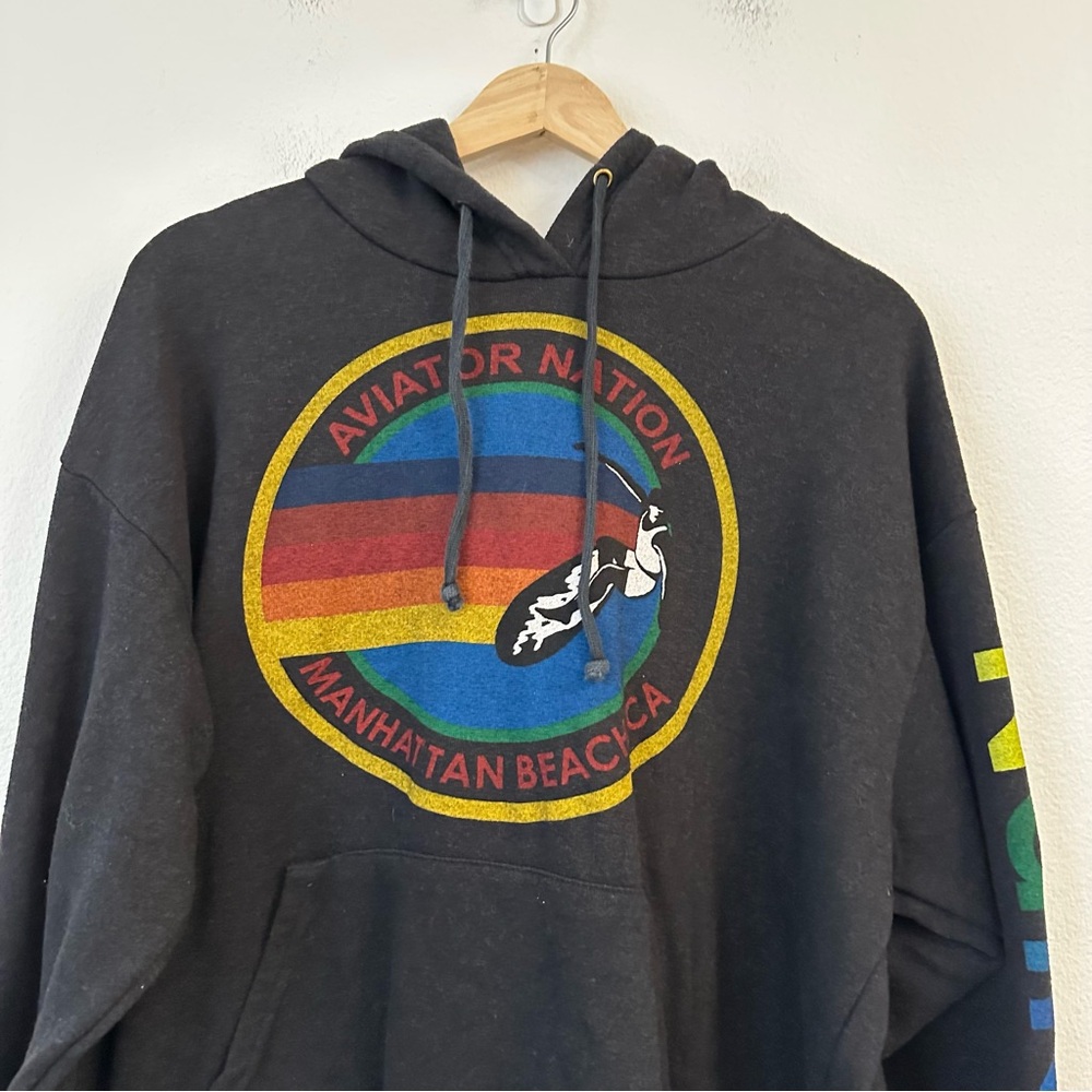 Aviator Nation Black Hooded Sweatshirt with Rainbow Logo - Picture 3 of 12